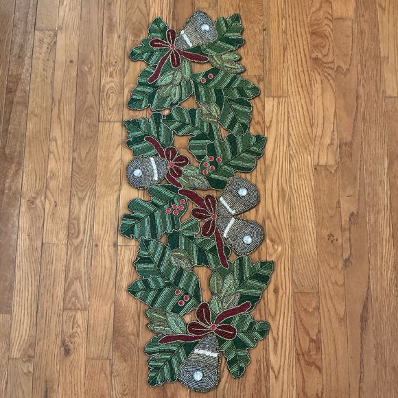Other - RARE KIM SEYBERT HOLLY SILVER BELLS CHRISTMAS BEADED TABLE RUNNER CENTERPIECE